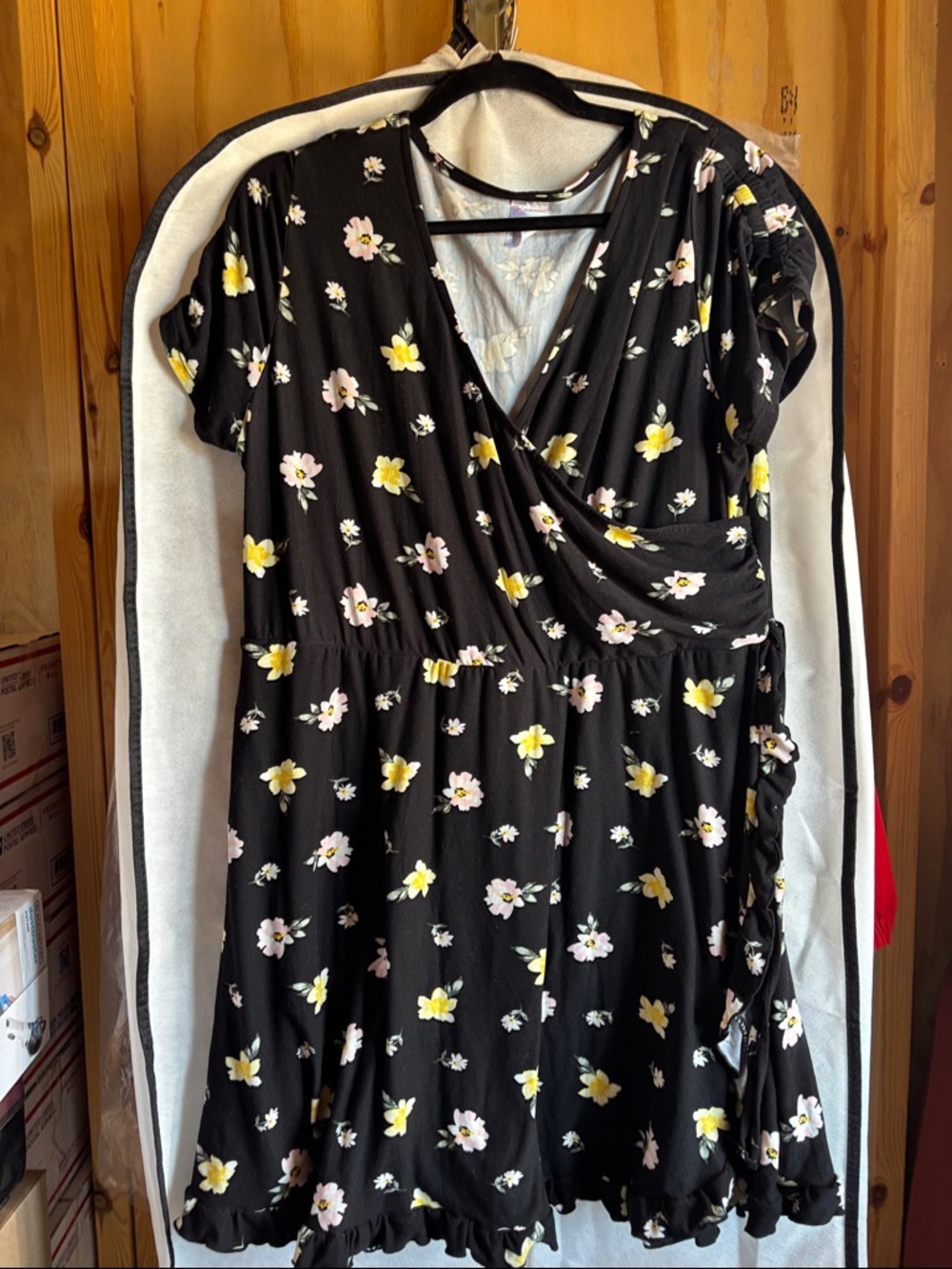 No Boundaries Black Floral Wrap Dress with Yellow and Light Pink Flowers